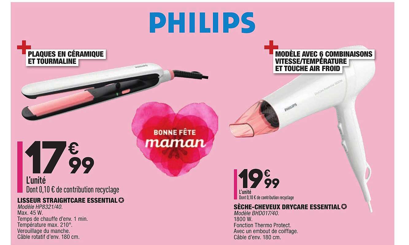lisseur straightcare essential, sèche-cheveux drycare essential philips