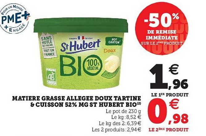 matière grasse allegée doux tartine & cuisson 52% mat.gr. hubert bio -50% de remise immédiate