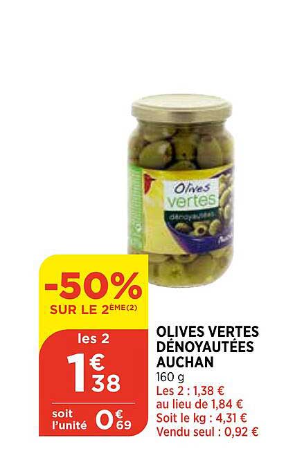 Olives Vertes Dénoyautées Auchan -50% Sur Le 2ème