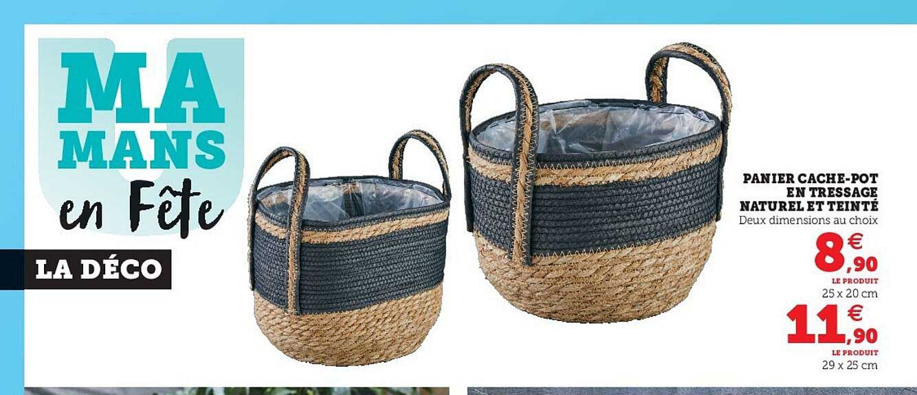 panier cache-pot en tressage naturel et teinté