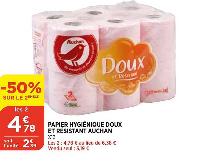 Papier Hygiénique Doux Et Résistant Auchan -50% Sur Le 2ème