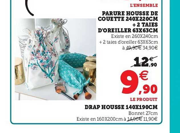 parure housse de couette 240 x 220 cm + 2 taies d'oreiller 63 x 63 cm, drap housse 140 x 190 cm