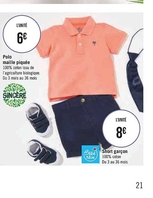 polo maille piquée sincère, short garçon bébé rêve