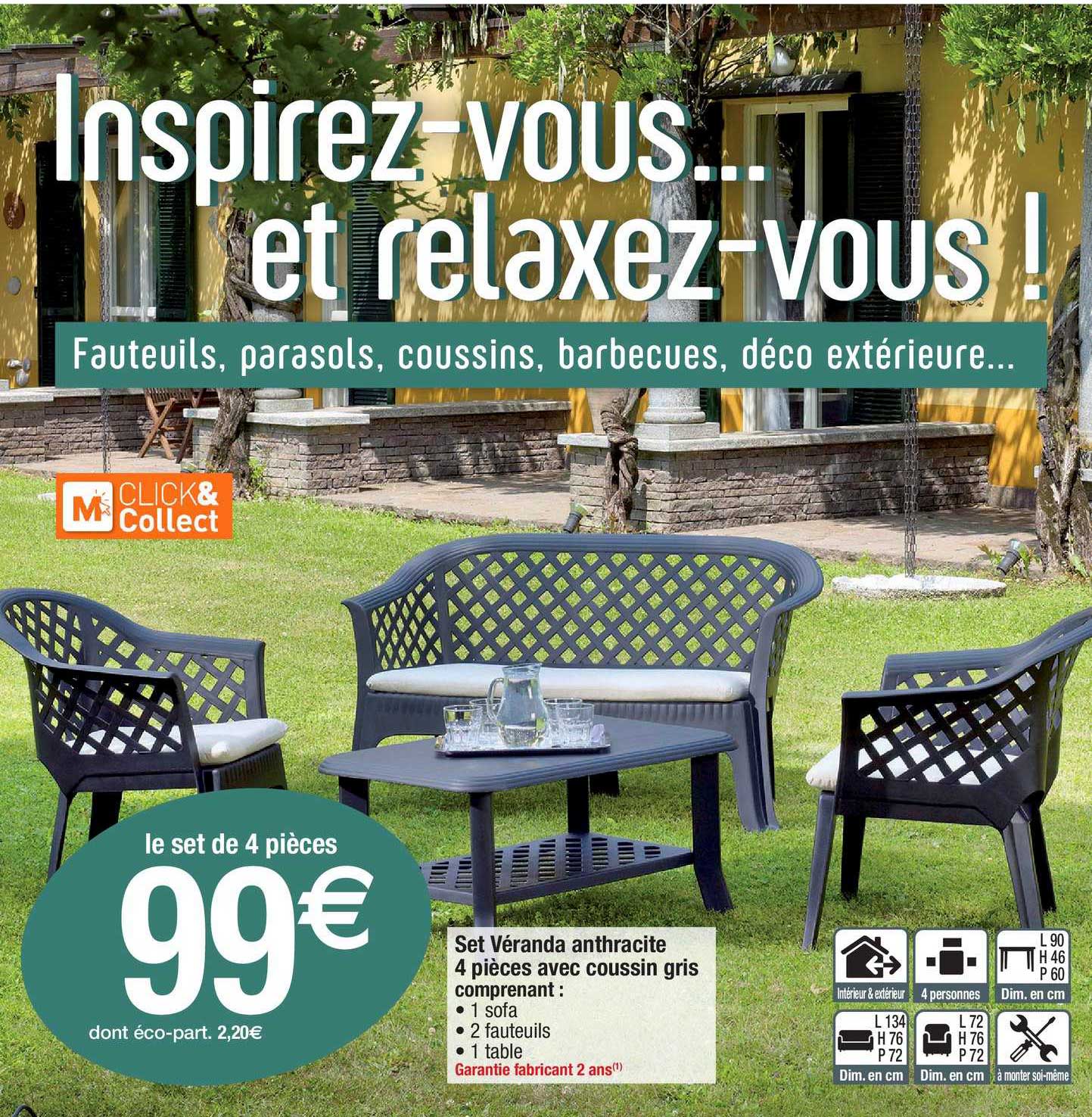 set véranda anthracite 4 piéces avec coussin gris comprenant