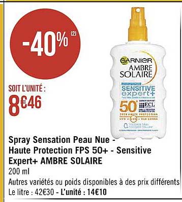 Spray Sensation Peau Nue- Haute Protection FPS 50+- Sensitive Expert+ Ambre Solaire