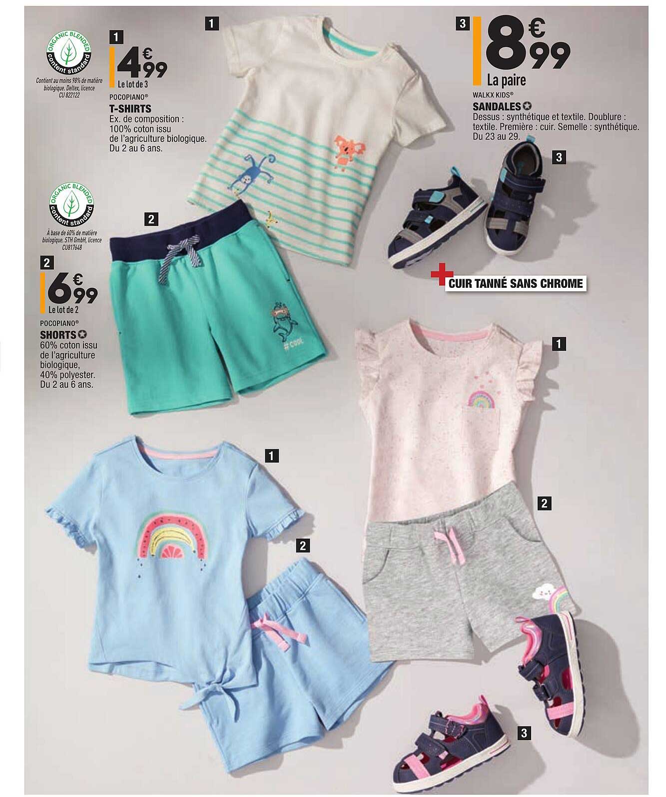 t-shirts pocopiano, shorts pocopiano, sandales walkx kids,