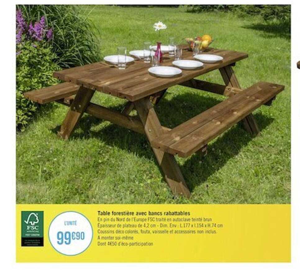 table forestière avec bancs rabattables