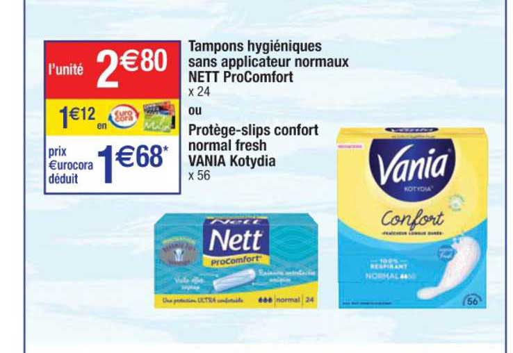 tampons hygiéniques sans applicateur normaux nett procomfort ou protège-slips confort normal fresh vania kotydia