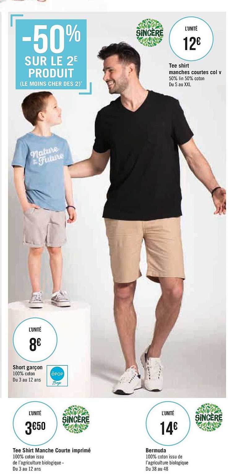 tee shirt manche courte col v, tee shirt manche courte imprimé, bermuda sincère