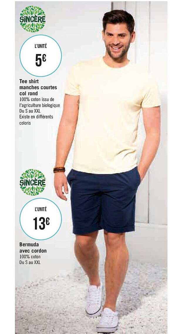 tee shirt manches courtes col rond, bermuda avec cordon sincère