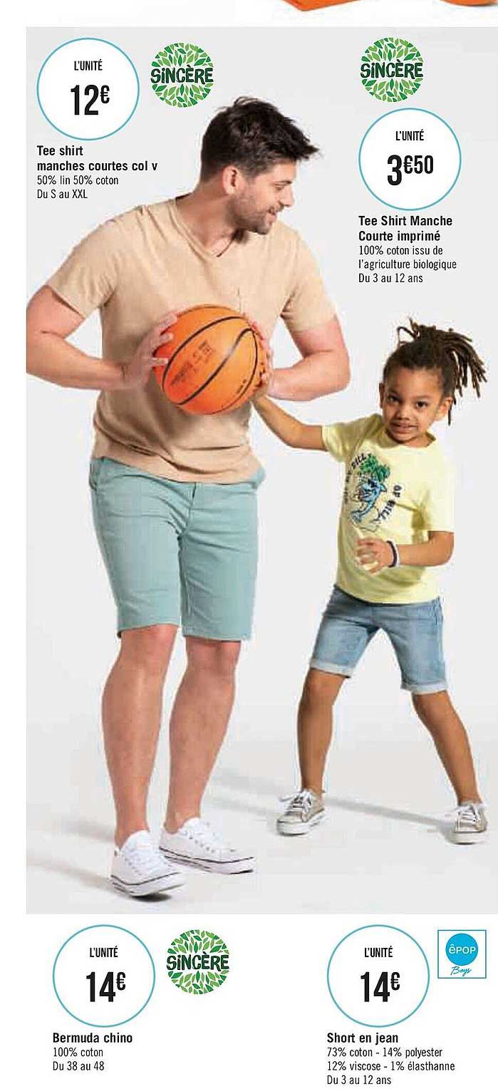 tee shirt manches courtes col v, tee shirt manche courte imprimé, bermuda chino, short en jean