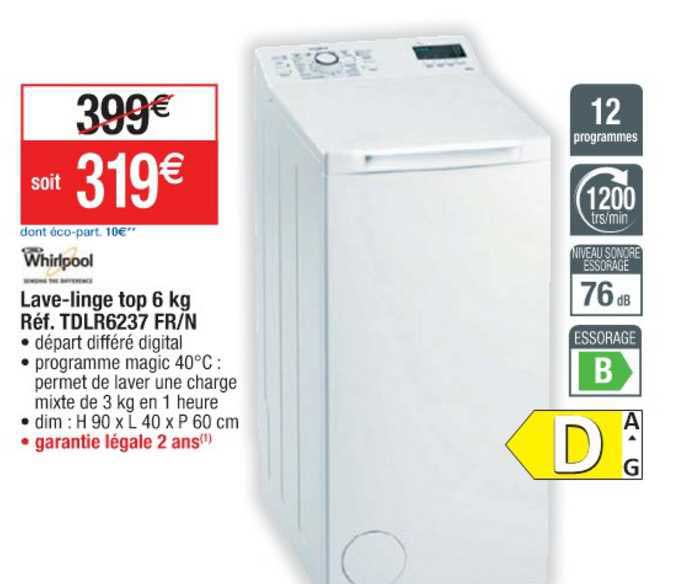 whirlpool lave-linge top 6 kg réf. tdlr6237 fr-n