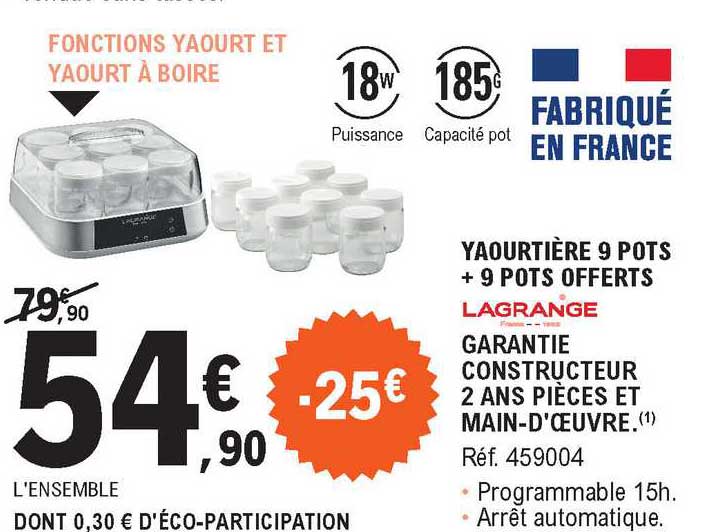 yaourtière 9 pots + 9 pots offerts lagrange