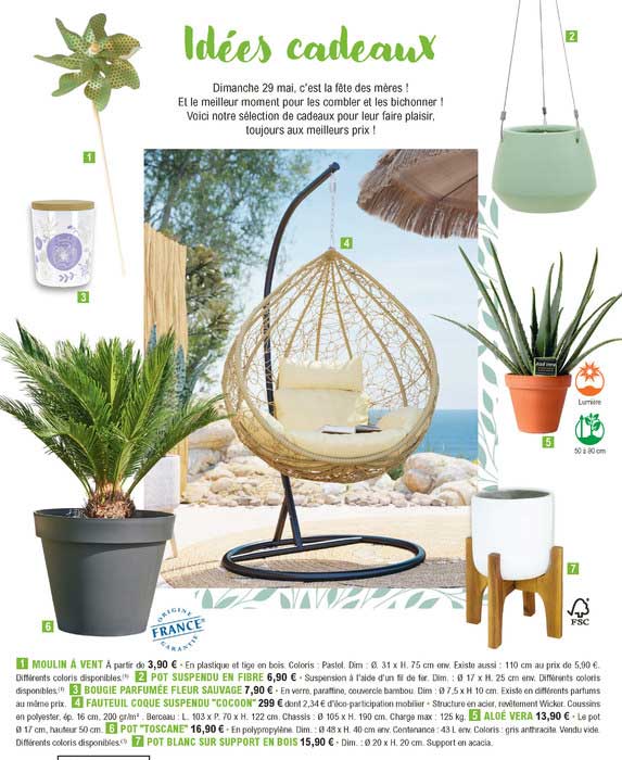 moulin à vent, pot suspendue en fibre, bougie parfumée fleur sauvage, fauteuil coque suspendue "cocoon", aloé vera, pot "toscane", pot blanc sur support en bois