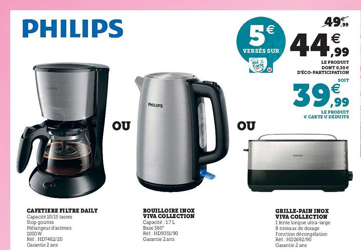 Cafetière Filtre Daily Ou Bouillore Inox Viva Collection Ou Grille-pain Inox Viva Collection Philips