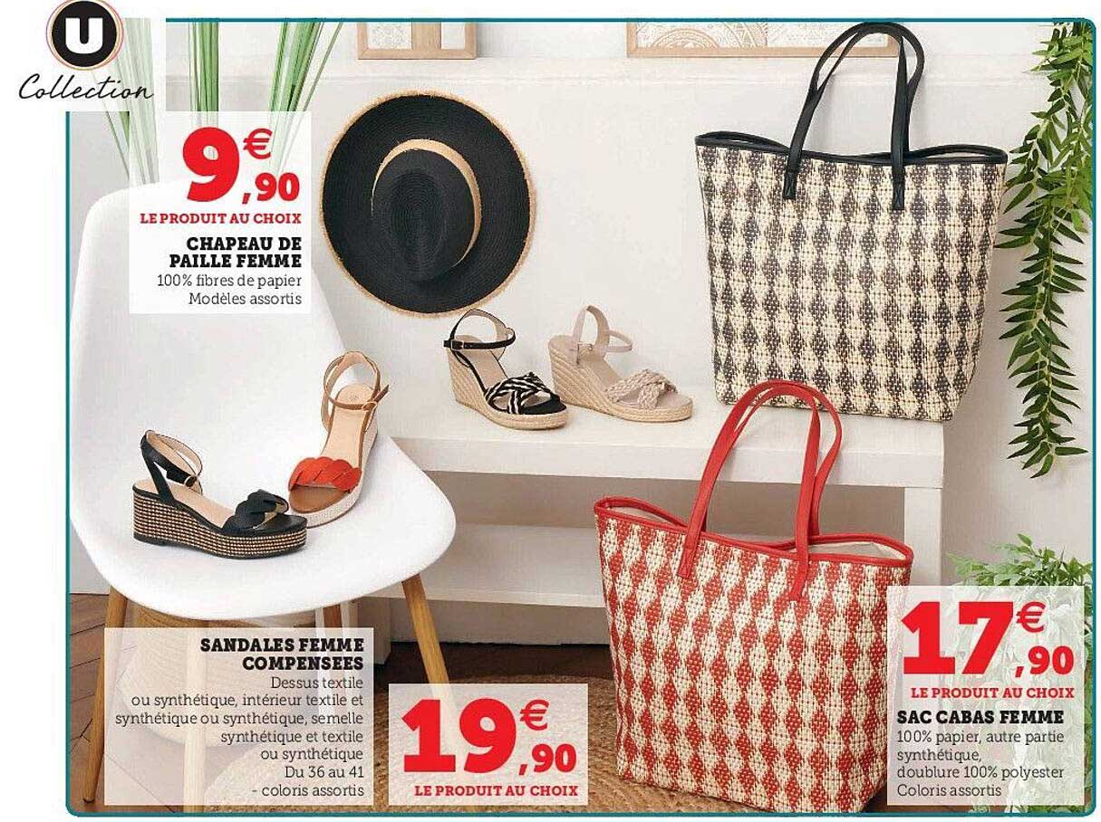 chapeau de paille femme, sandales femme compensées, sac cabas femme