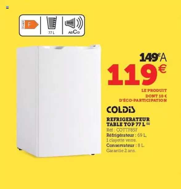 coldis réfrigérateur table top 77l