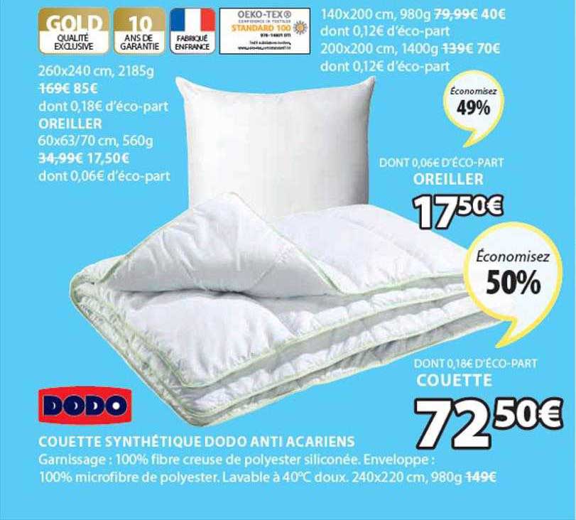 couette synthétique dodo anti acariens, oreiller