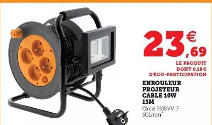enrouleur projecteur câble 10w 15m