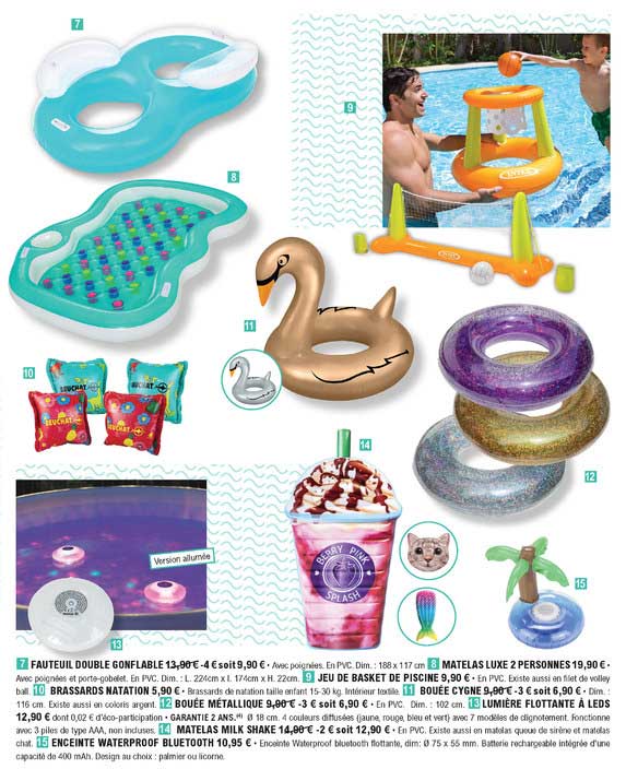 fauteuil double gonflable, matelas luxe 2 personnes, jeu de basket de piscine, brassards natation, bouée cygne, bouée métallique, lumière flottante à leds, matelas milk shake, enceinte waterpro