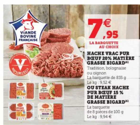 haché vrac pur boeuf 20% matière grasse bigard ou steak haché pur boeuf 15% de matière grasse bigard