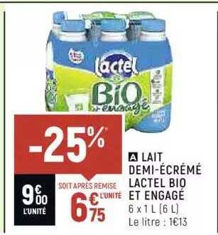 Lait Demi-écrémé Lactel Bio Et Engagé