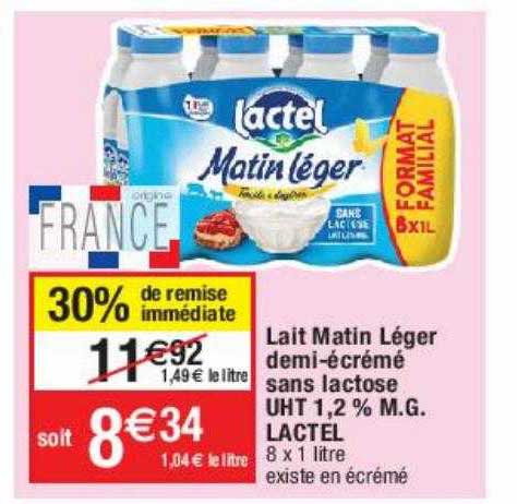 lait matin léger demi-écrémé sans lactose uht 1,2% m.g. lactel