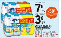 lait uht bol de vie format familial "lactel" -50% sur le 2e produit acheté