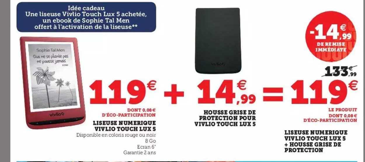 liseuse numérique vivlio touch lux 5 + housse grise de protection pour vivlio touch lux 5