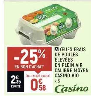 oeufs frais de poules élevées en plein air calibre moyen casino bio