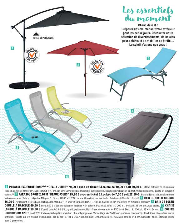 parasol excentré rond "beaux jours", parasol droit "beaux jours", bain de soleil courbe, bain de soleil double à bascule, chaise longue à bascule, coffre brushwood