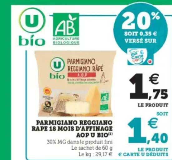 parmigiano reggiano râpé 18 mois d'affinage aop u bio