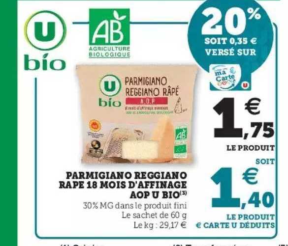 parmigiano reggiano râpé 18 mois d'affinage aop u bio