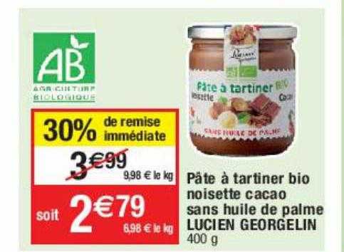 pâte à tartiner bio noisette cacao sans huile de palme lucien georgelin