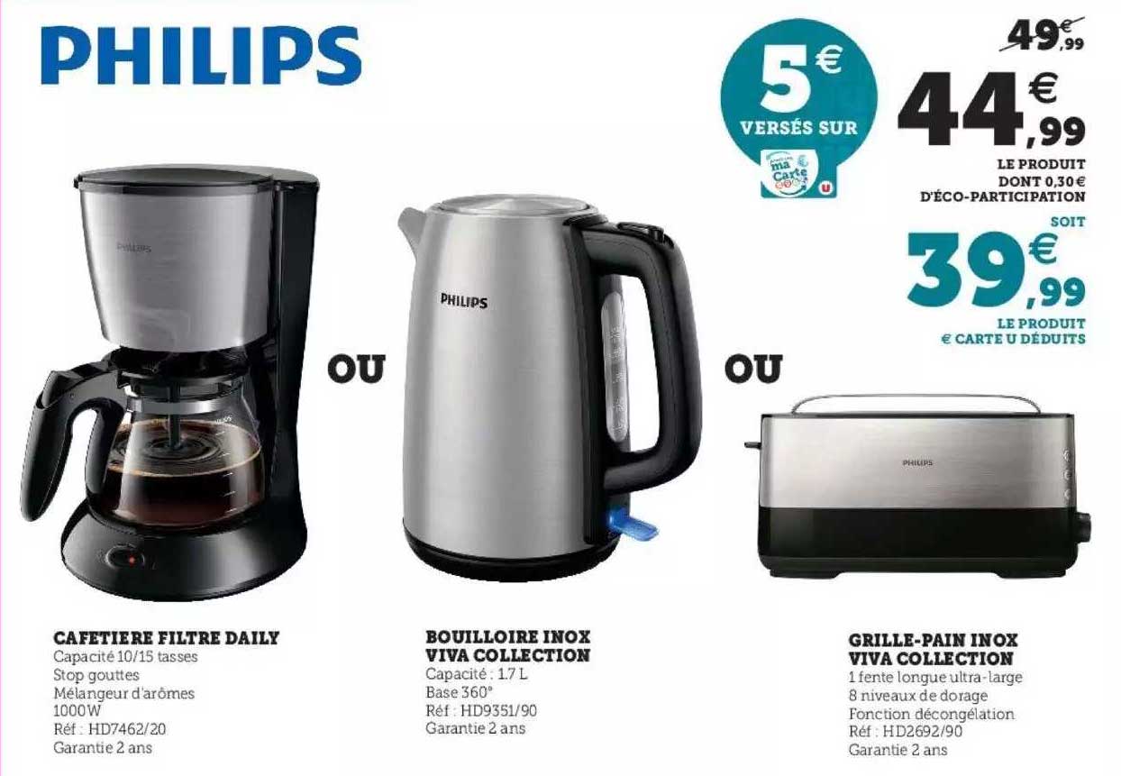 philips cafetière filtre daily ou bouilloire inox viva collection ou grille-pain inox viva collection