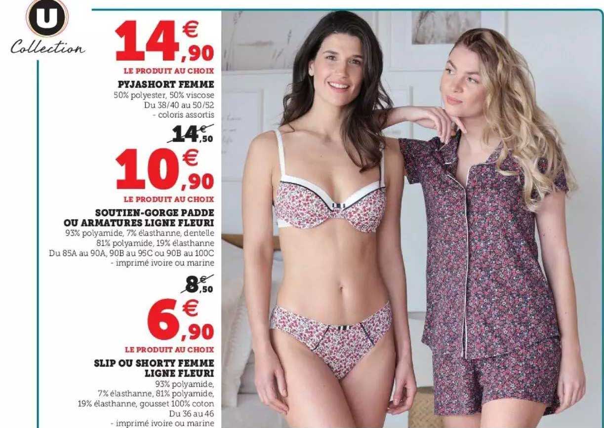 pyjashort femme, soutien-gorge padde ou armatures ligne fleuri, slip ou shorty femme ligne fleuri