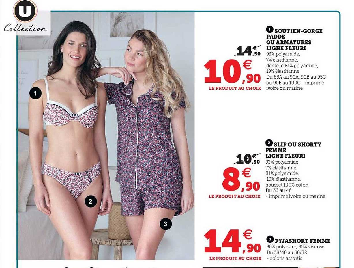 soutien-gorge padde ou armatures ligne fleuri, slip ou shorty femme ligne fleuri, pyjashort femme u collection