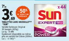 tablettes lave-vaisselle "sun" -50% de reduction imédiate