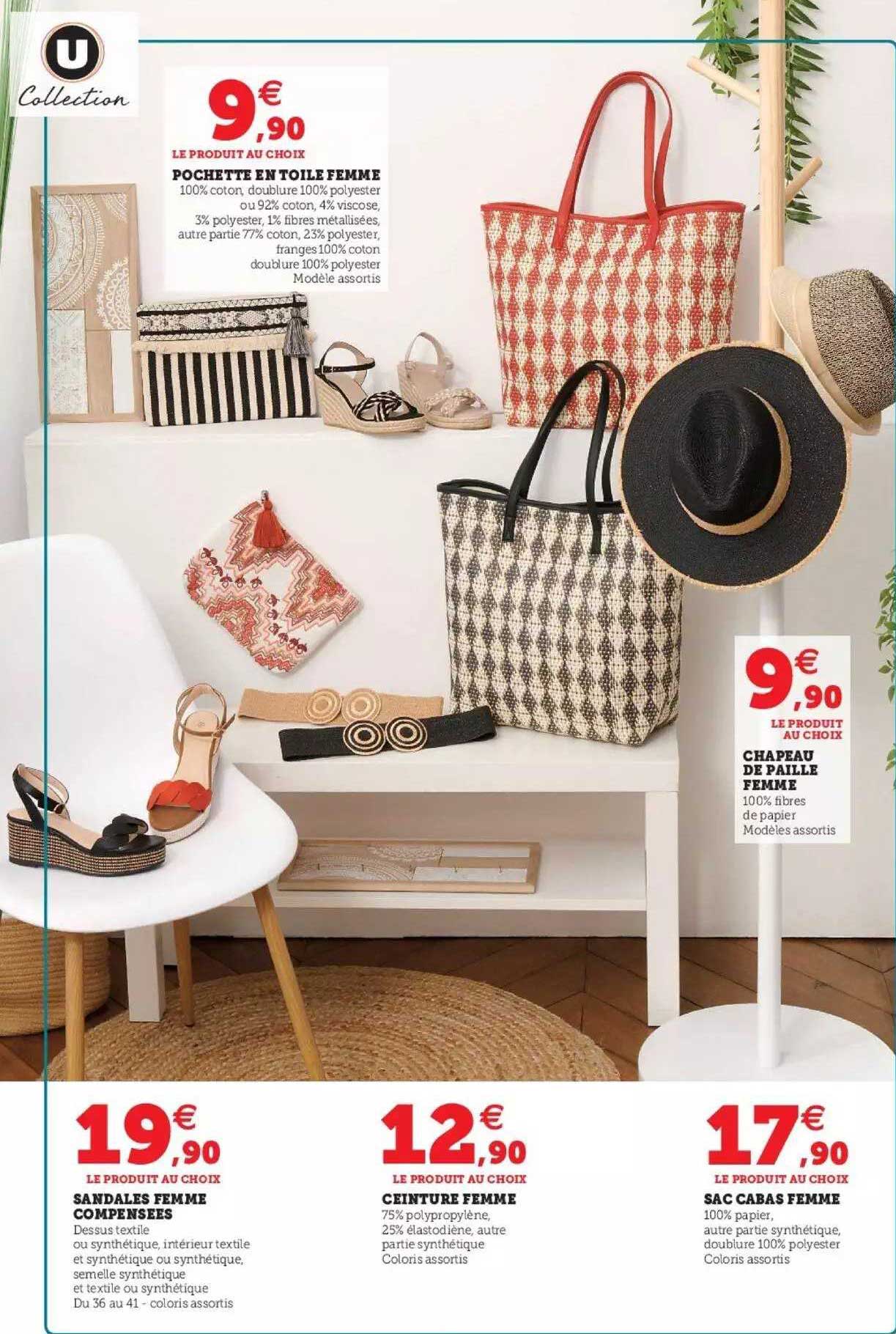 u collection sandales femme compensé, ceinture femme, sac cabas femme, chapeau de paille femme, pochette en toile femme
