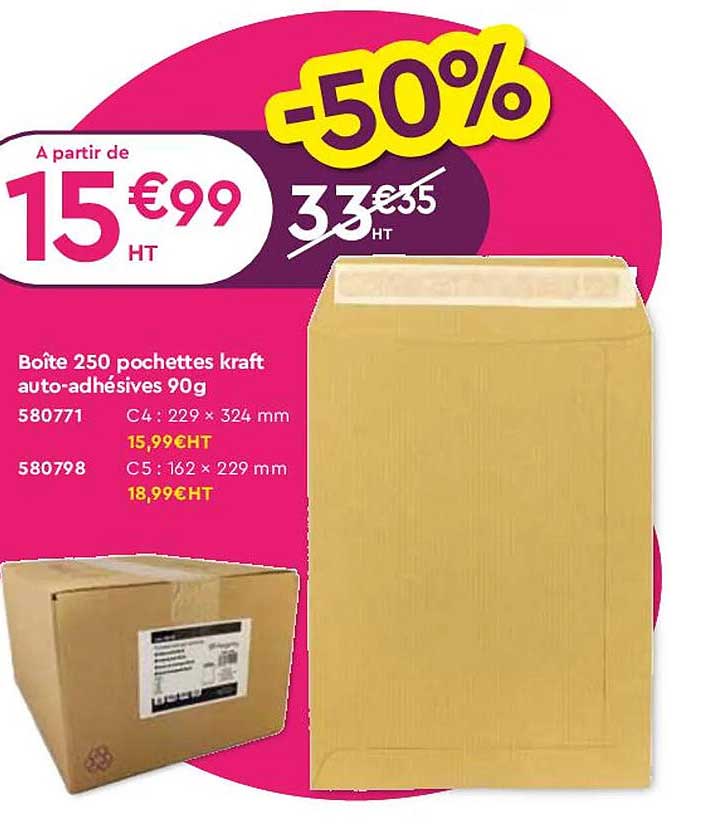 boîte 250 pochettes kraft auto-adhésives 90 g