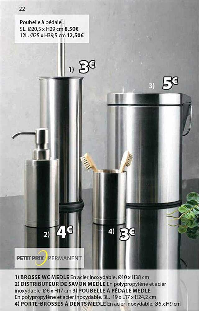 brosse wc medle, distributeur de savon medle, poubelle à pédale medle, porte-brosses à dents medle