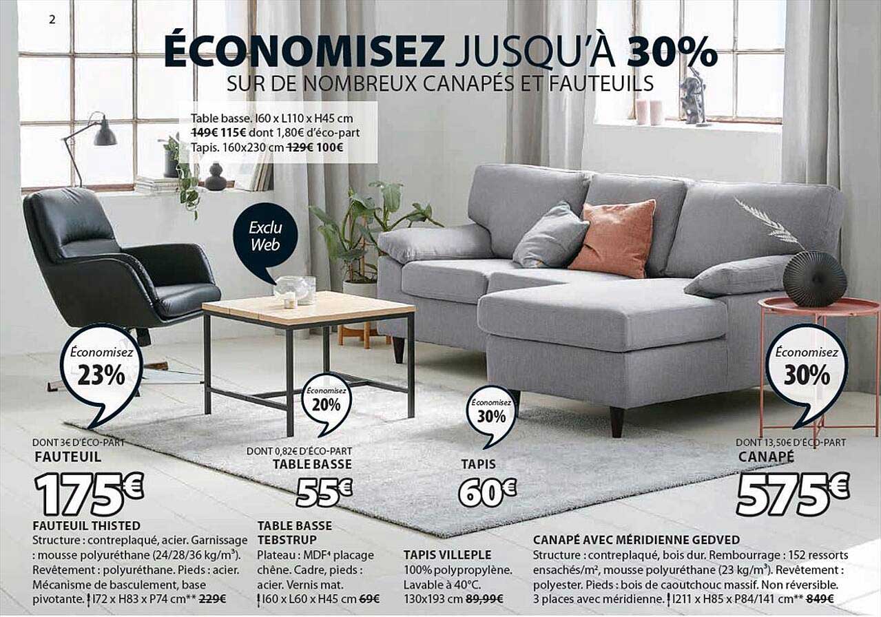 fauteuil thisted, table basse tebstrup, tapis villeple, canapé avec méridienne gedved