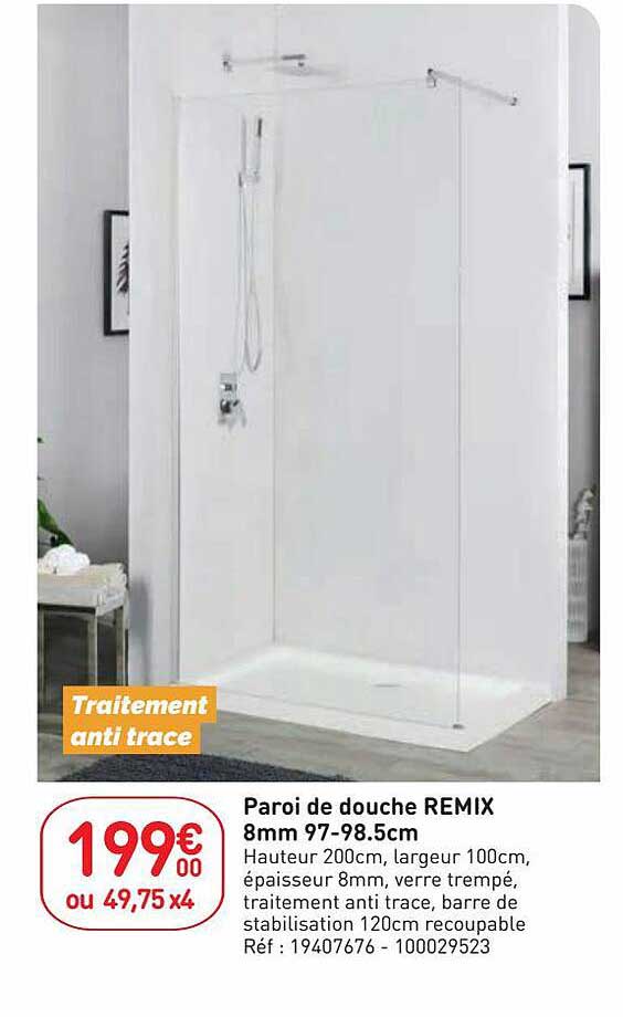 paroi de douche remix 8mm 97-98.5 cm