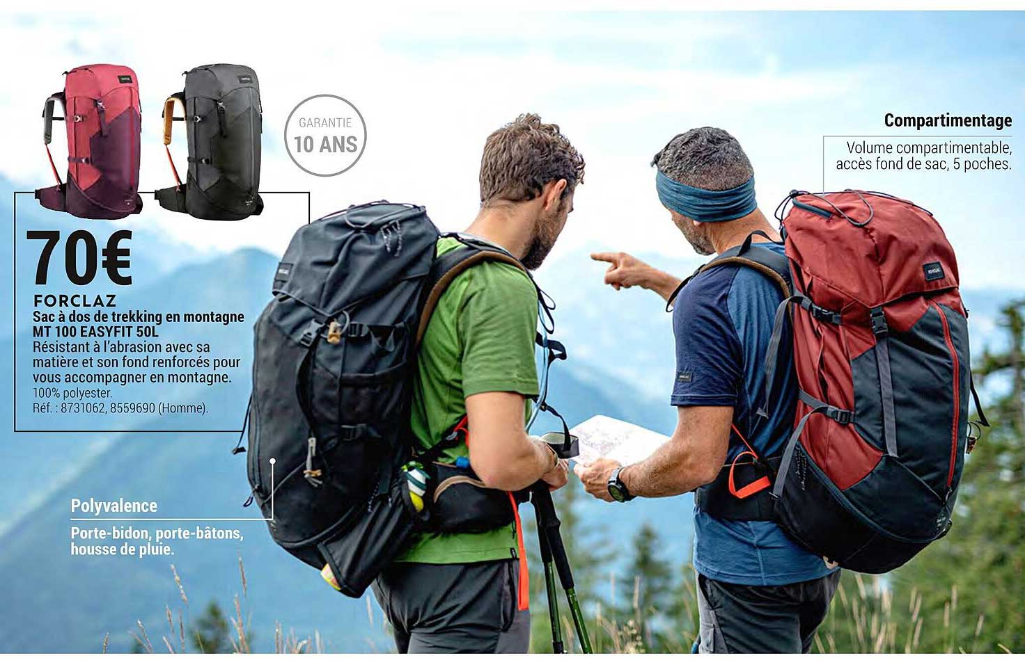 sac à dos de trekking en montagne mt 100 easyfit 50l forclaz
