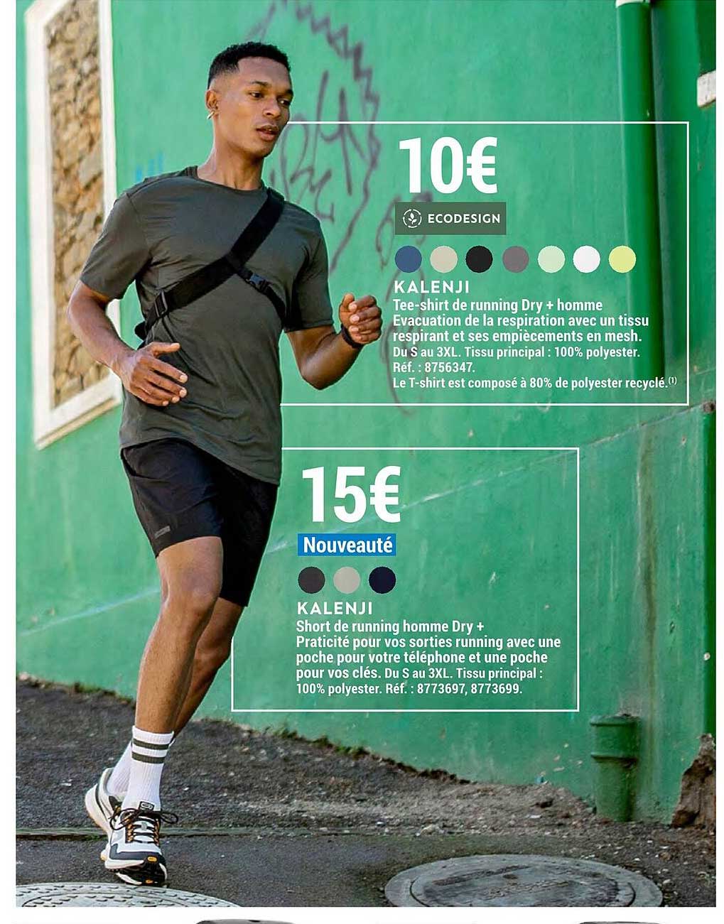 short de running homme dry+ kalenji, tee-shirt de running dry+ homme kalenji