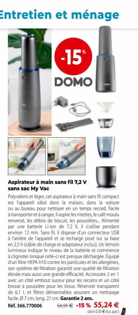 aspirateur à main sans fil 7,2v sans sac my vac domo