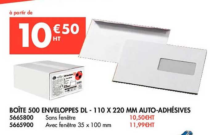 boîte 500 enveloppes dl - 110 x 220 mm auto-adhésives