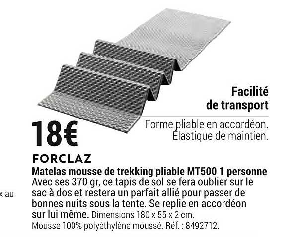 matelas mousse de trekking pliable mt500 1 personne forclaz