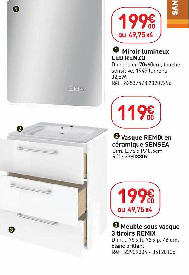 miroir lumineux led renzo, vasque remix en céramique sensea, meuble sous vasque 3 tiroirs remix