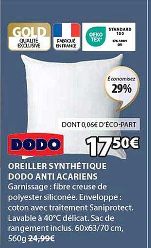 oreiller synthétique dodo anti acariens